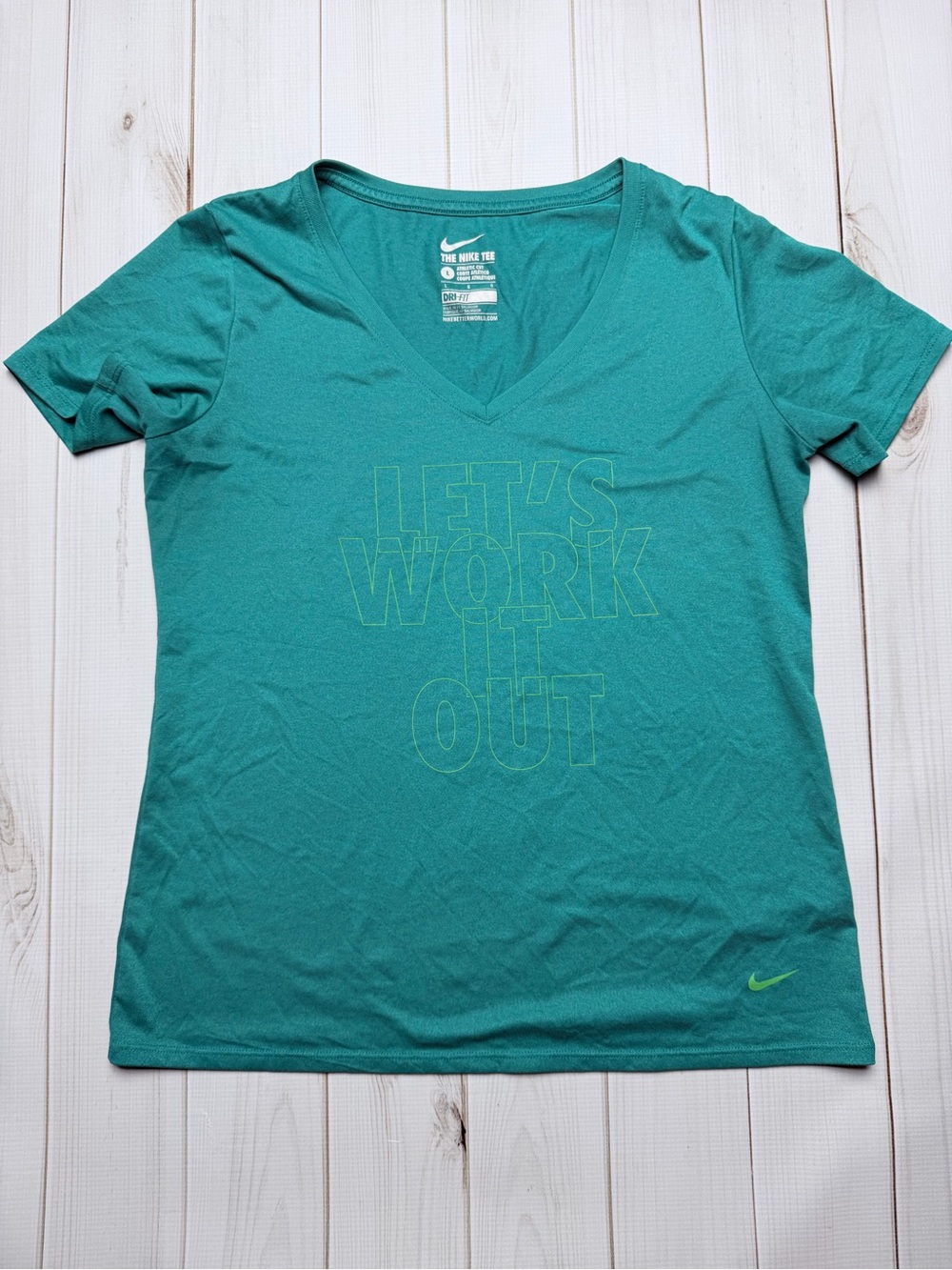 Nike Women’s Teal V‑Neck Active Tee - LET'S WORK IT OUT